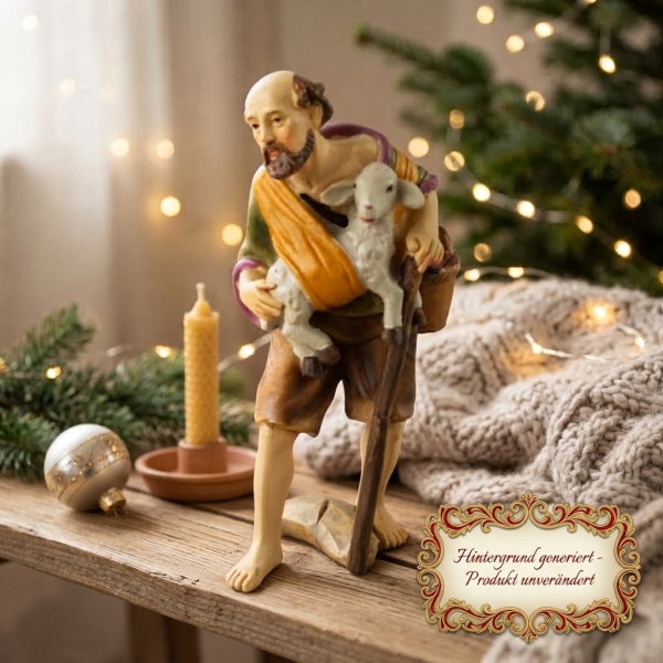 Handbemalte Krippenfigur Schäfer mit einem Schaf und Stock - ca. 11cm - K001-33